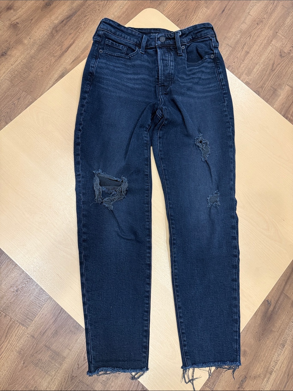 Old Navy Dark Blue Distressed High-Rise OG Straight Jeans